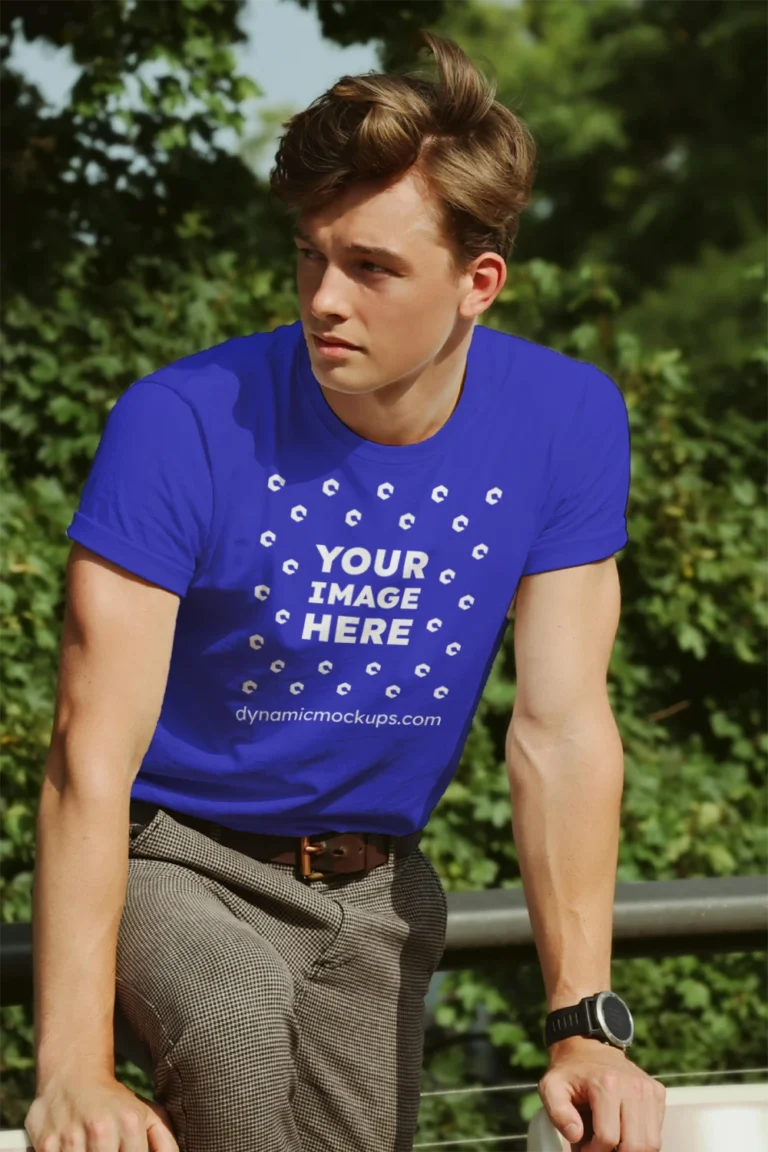 Man Wearing Blue T-shirt Mockup Front View Template