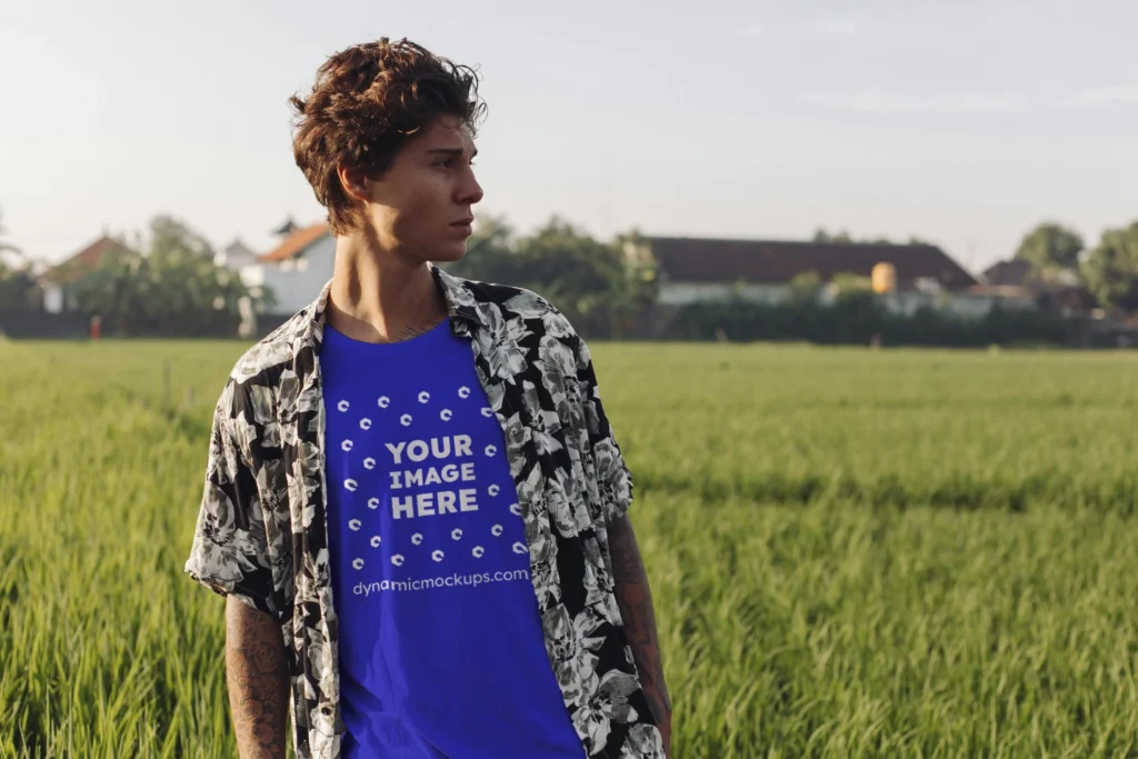 Man Wearing Blue T-shirt Mockup Front View Template