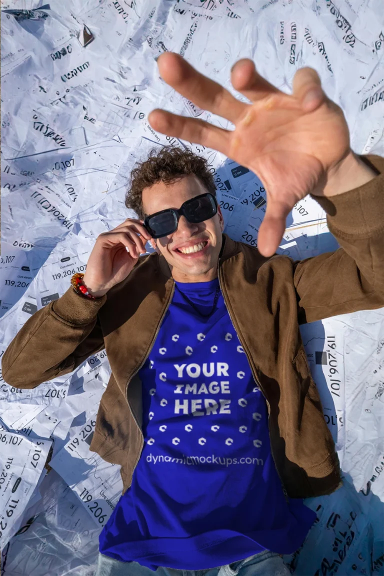 Man Wearing Blue T-shirt Mockup Front View Template