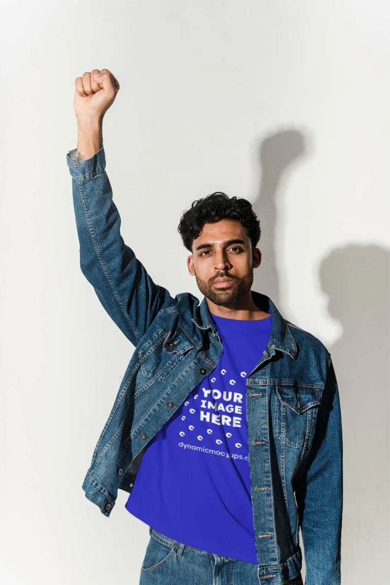 Man Wearing Blue T-shirt Mockup Front View Template