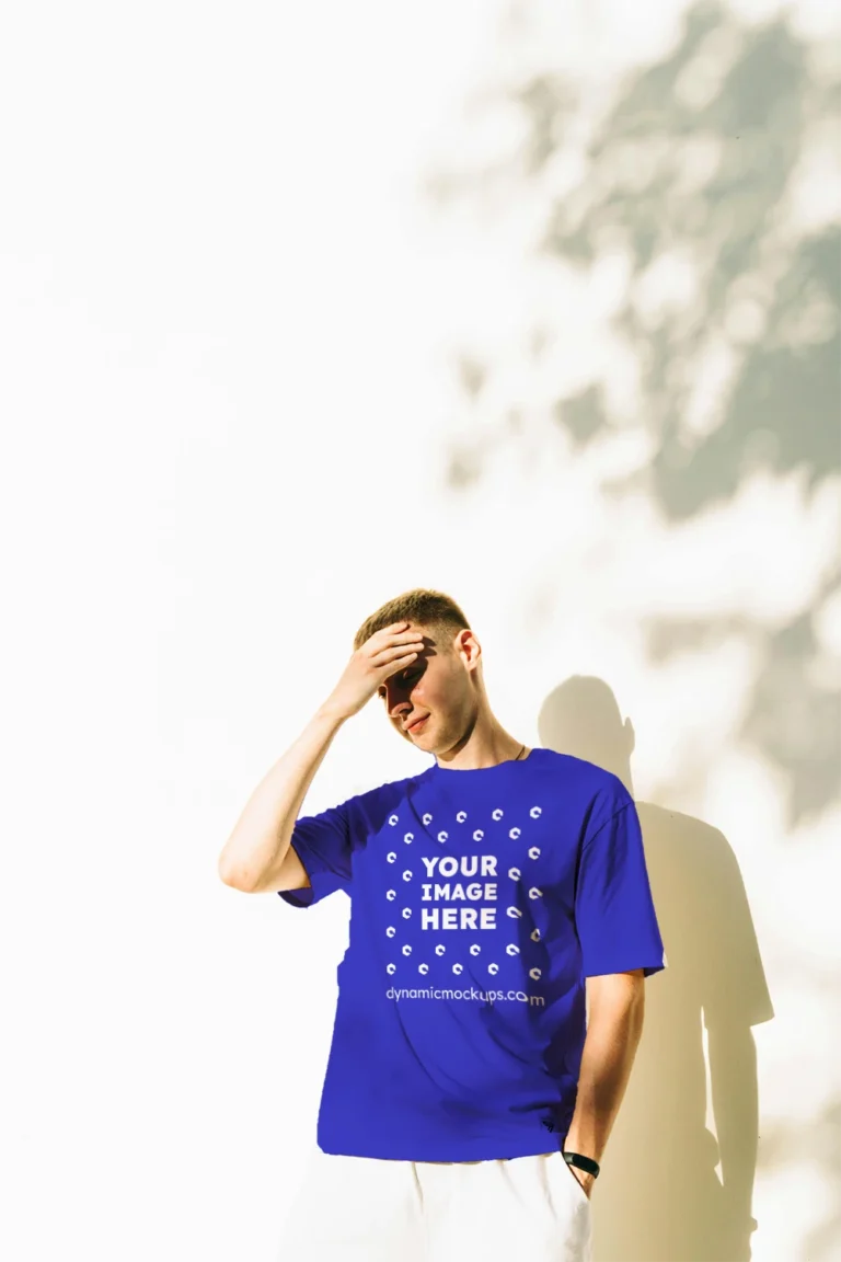 Man Wearing Blue T-shirt Mockup Front View Template