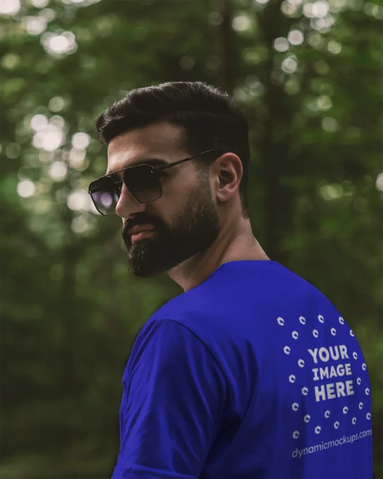 Man Wearing Blue T-shirt Mockup Back View Template