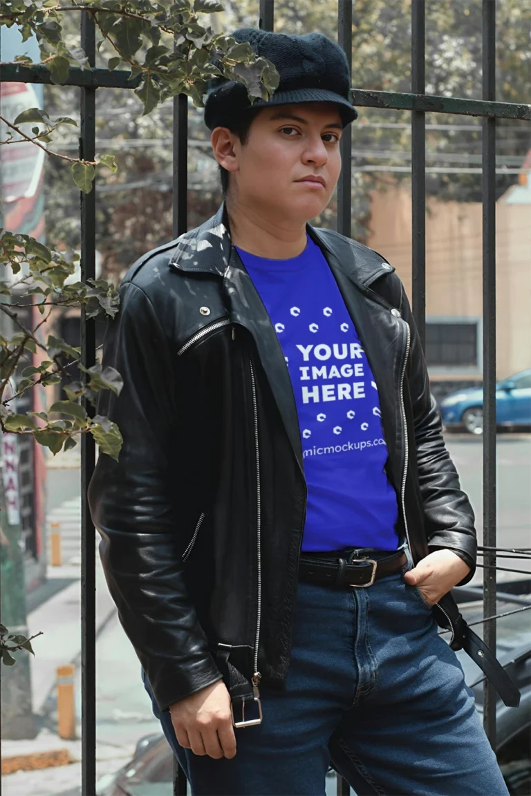 Man Wearing Blue T-shirt Mockup Front View Template