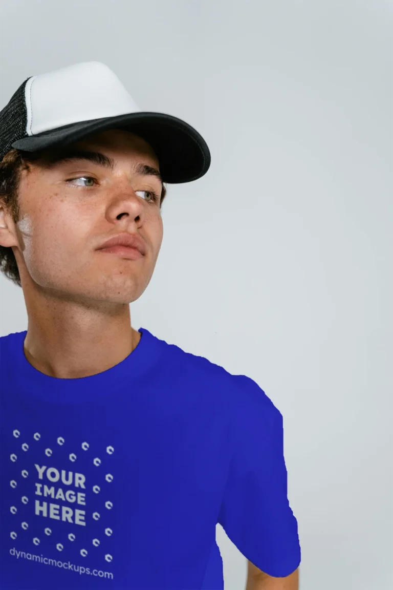 Man Wearing Blue T-shirt Mockup Front View Template