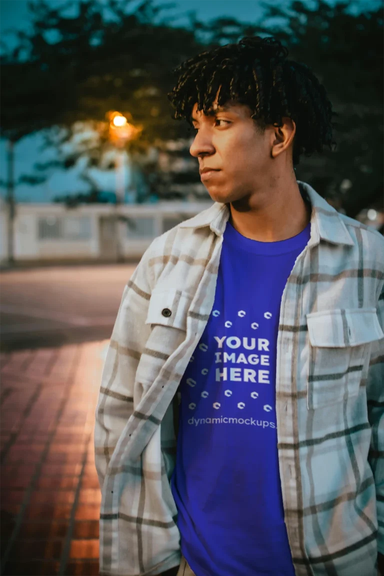 Man Wearing Blue T-shirt Mockup Front View Template