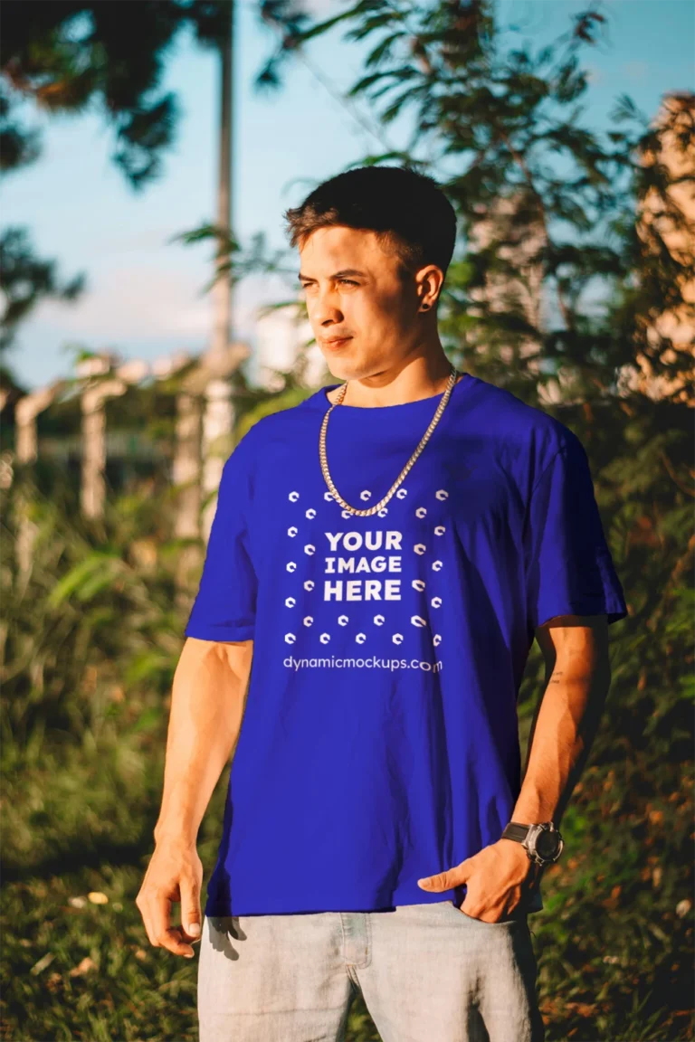 Man Wearing Blue T-shirt Mockup Front View Template