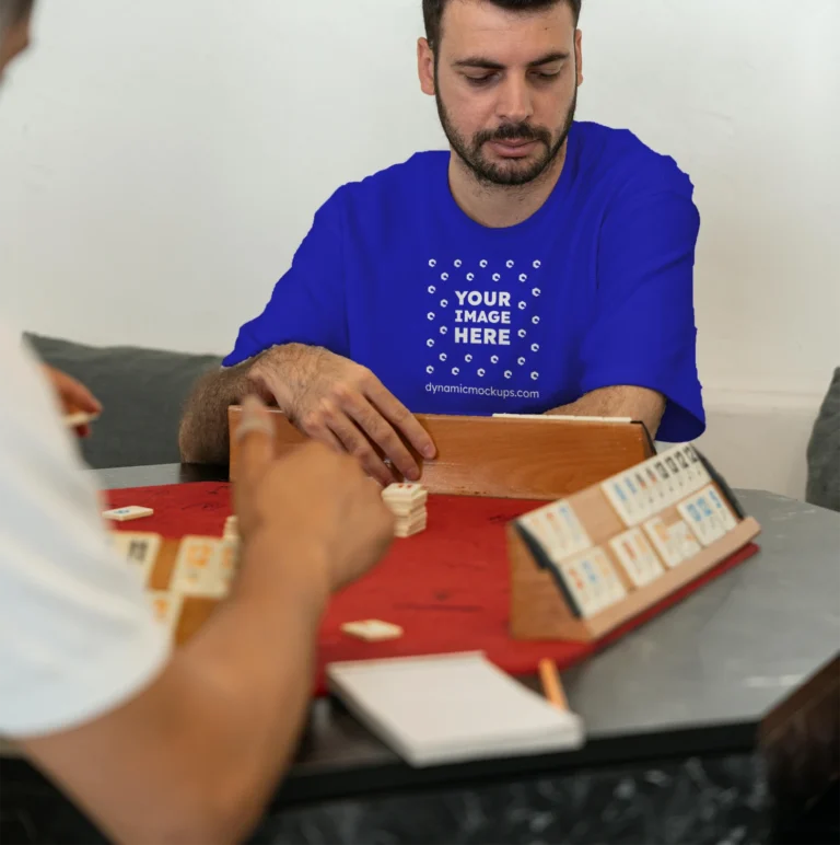 Man Wearing Blue T-shirt Mockup Front View Template