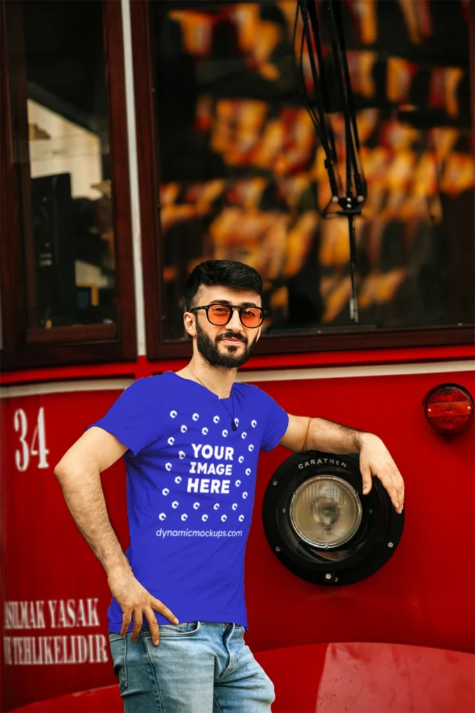 Man Wearing Blue T-shirt Mockup Front View Template