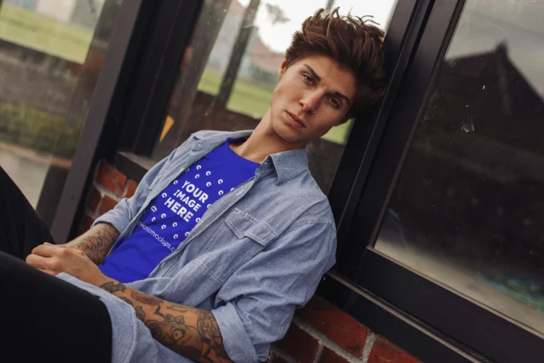 Man Wearing Blue T-shirt Mockup Front View Template