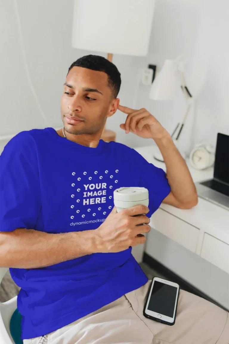 Man Wearing Blue T-shirt Mockup Front View Template