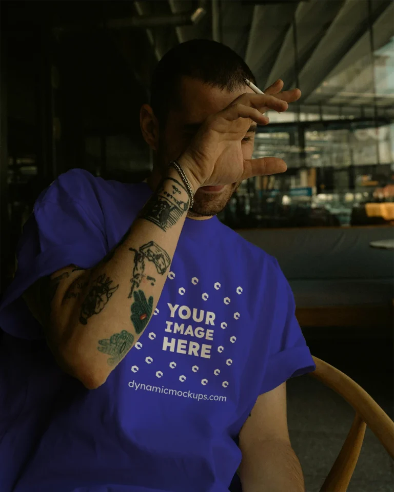Man Wearing Blue T-shirt Mockup Front View Template