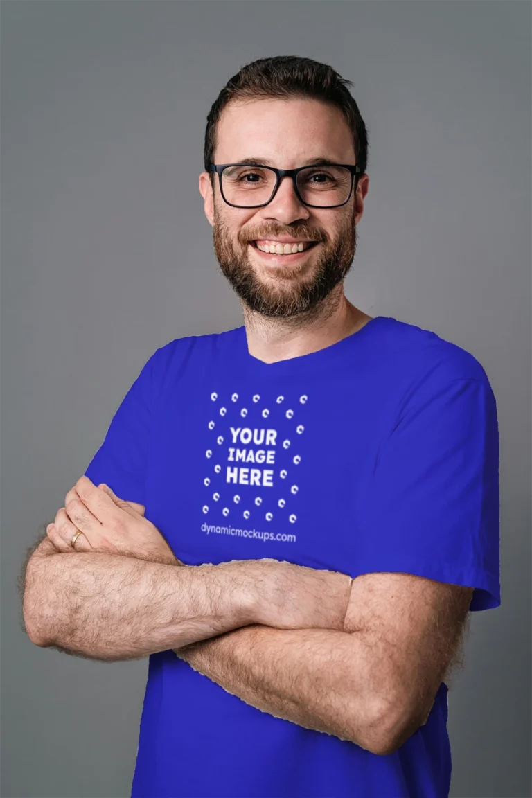 Man Wearing Blue T-shirt Mockup Front View Template