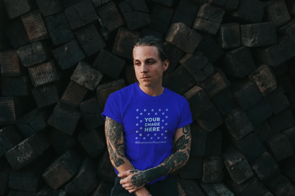 Man Wearing Blue T-shirt Mockup Front View Template