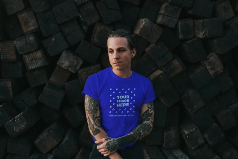 Man Wearing Blue T-shirt Mockup Front View Template