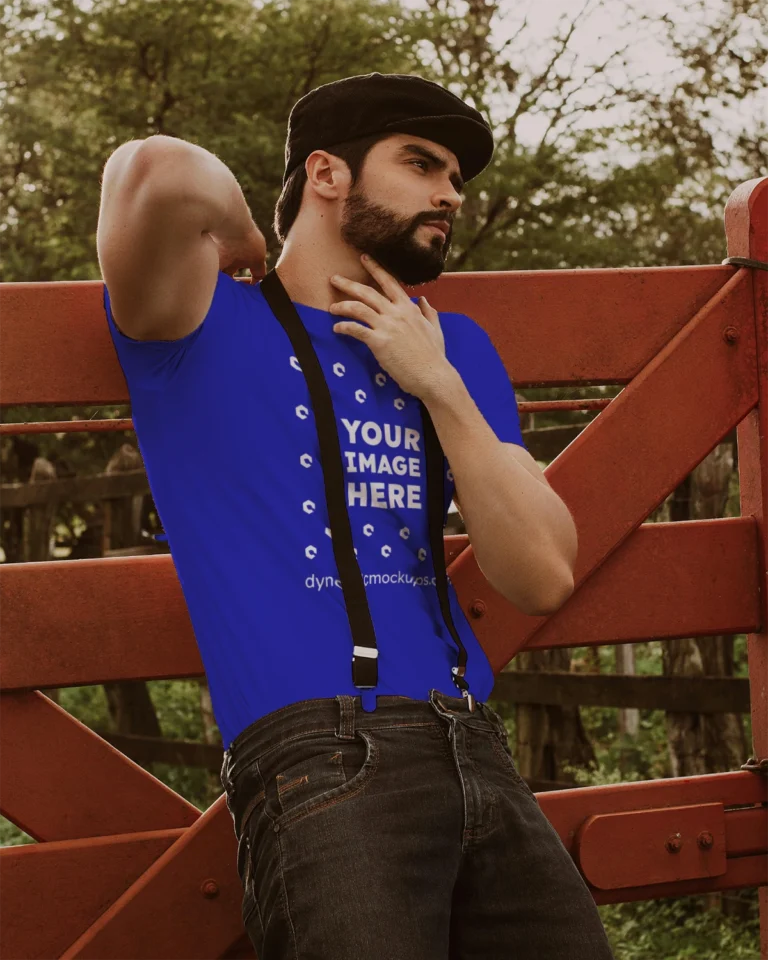 Man Wearing Blue T-shirt Mockup Front View Template