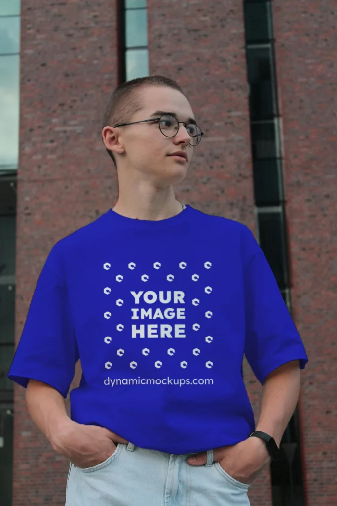 Man Wearing Blue T-shirt Mockup Front View Template
