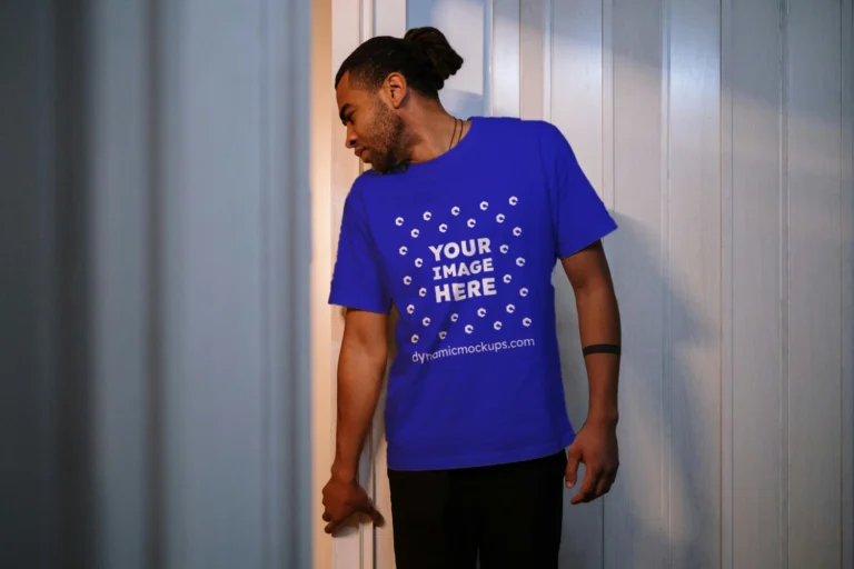 Man Wearing Blue T-shirt Mockup Front View Template