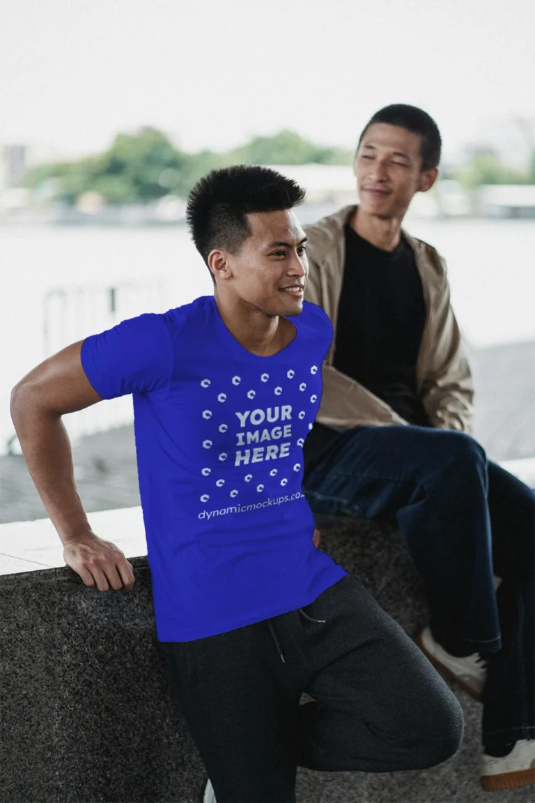 Man Wearing Blue T-shirt Mockup Front View Template