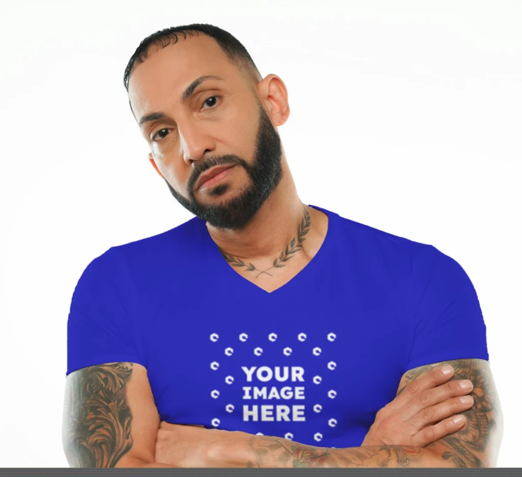 Man Wearing Blue T-shirt Mockup Front View Template
