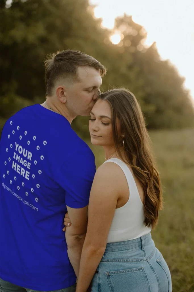 Man Wearing Blue T-shirt Mockup Back View Template