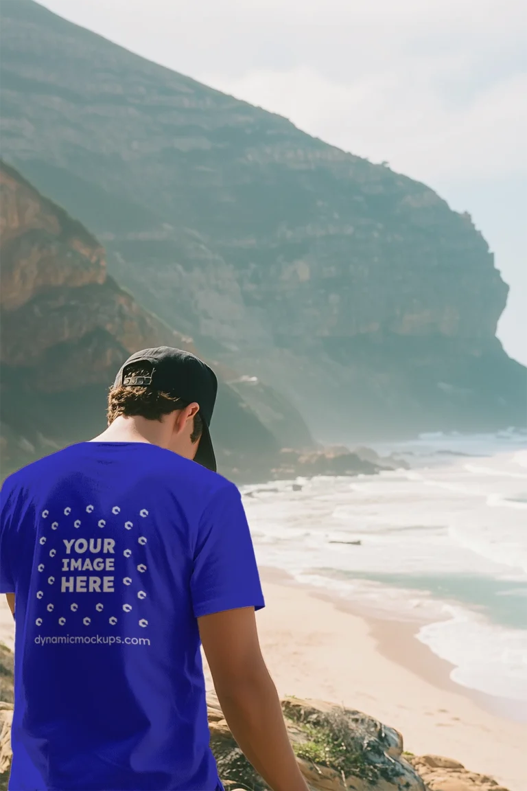 Man Wearing Blue T-shirt Mockup Back View Template
