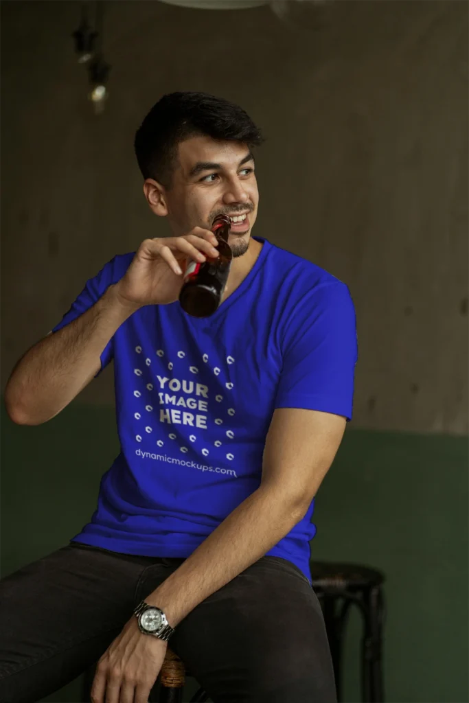 Man Wearing Blue T-shirt Mockup Front View Template