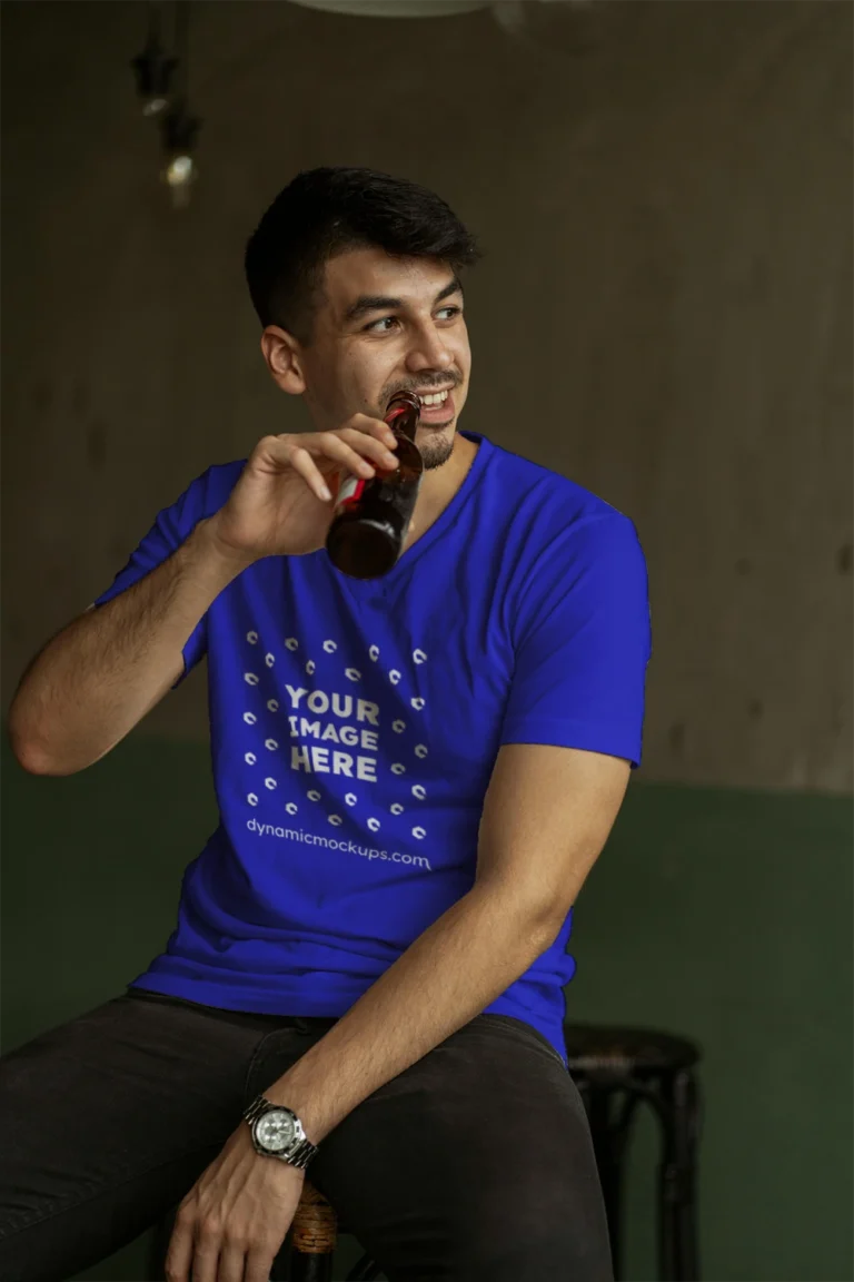 Man Wearing Blue T-shirt Mockup Front View Template