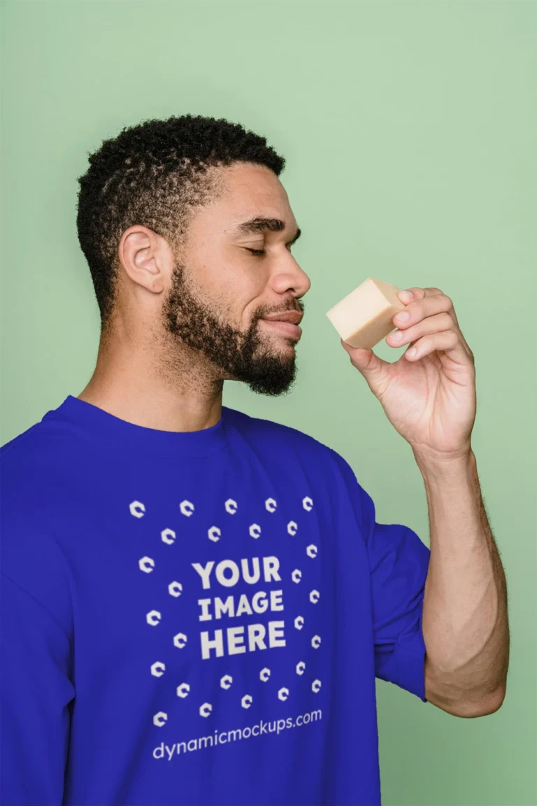 Man Wearing Blue T-shirt Mockup Front View Template