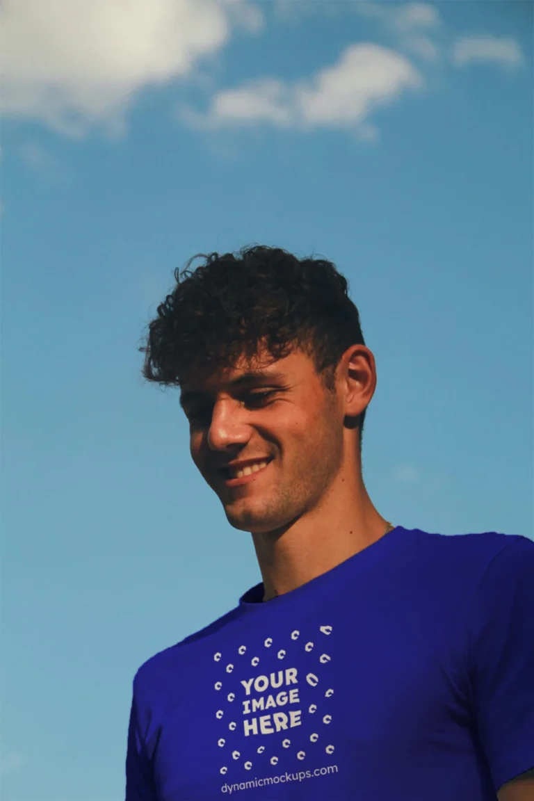 Man Wearing Blue T-shirt Mockup Front View Template