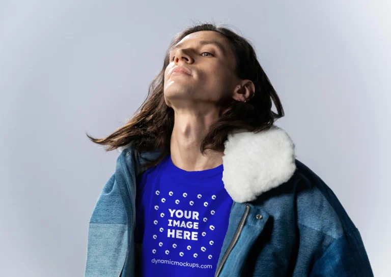 Man Wearing Blue T-shirt Mockup Front View Template