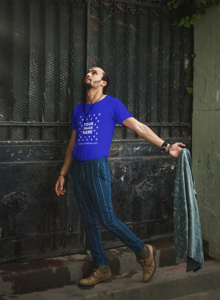Man Wearing Blue T-shirt Mockup Front View Template