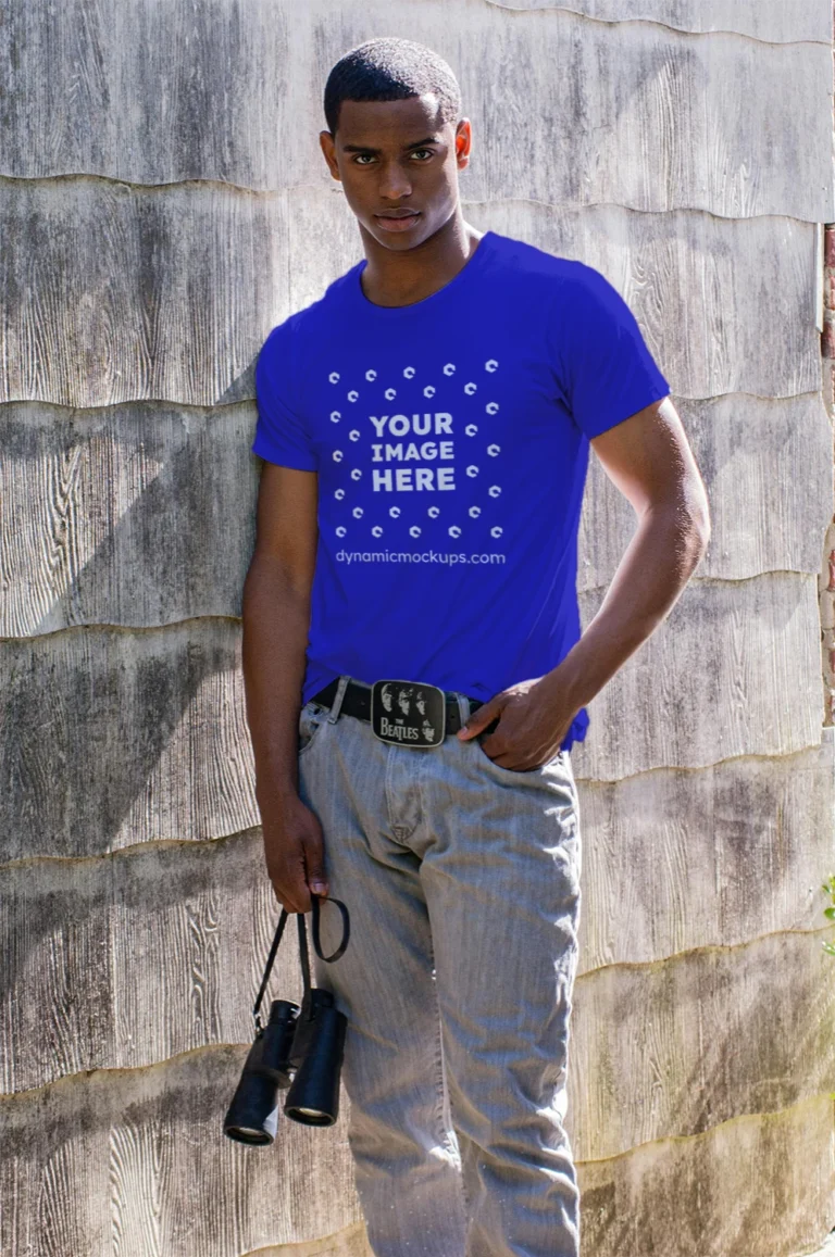 Man Wearing Blue T-shirt Mockup Front View Template