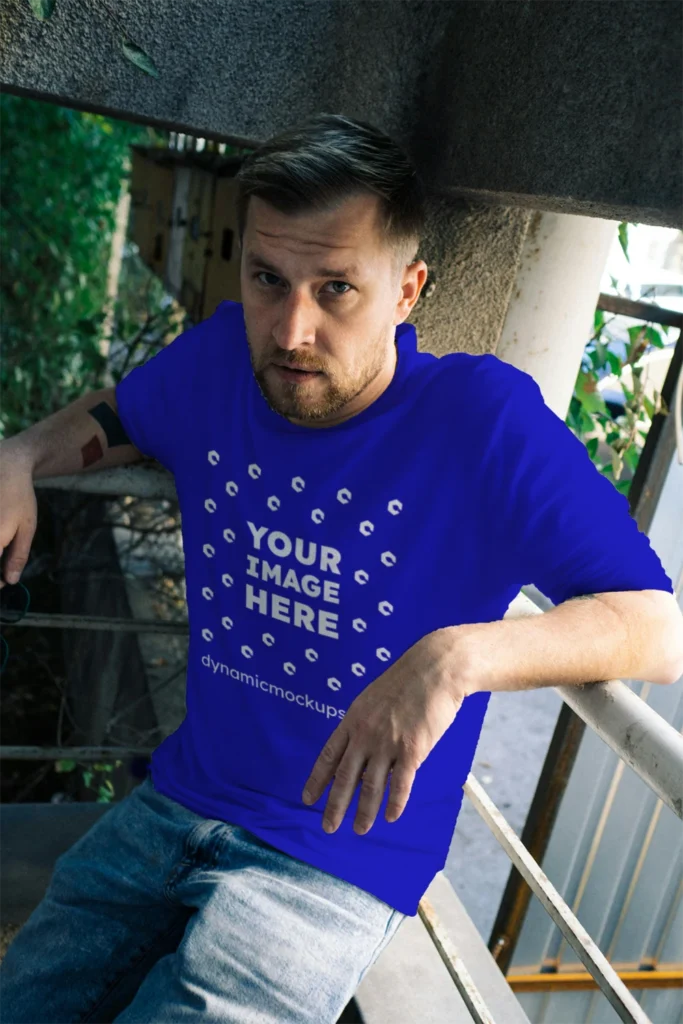 Man Wearing Blue T-shirt Mockup Front View Template