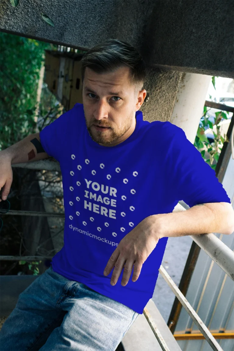 Man Wearing Blue T-shirt Mockup Front View Template