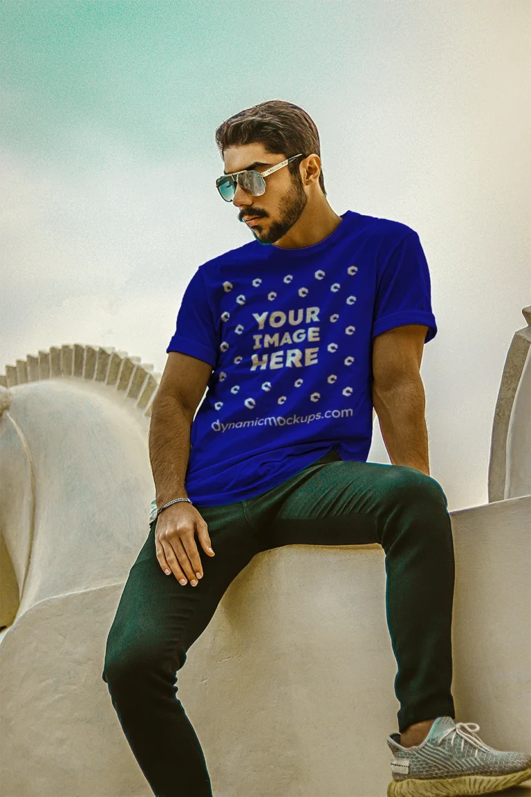 Man Wearing Blue T-shirt Mockup Front View Template