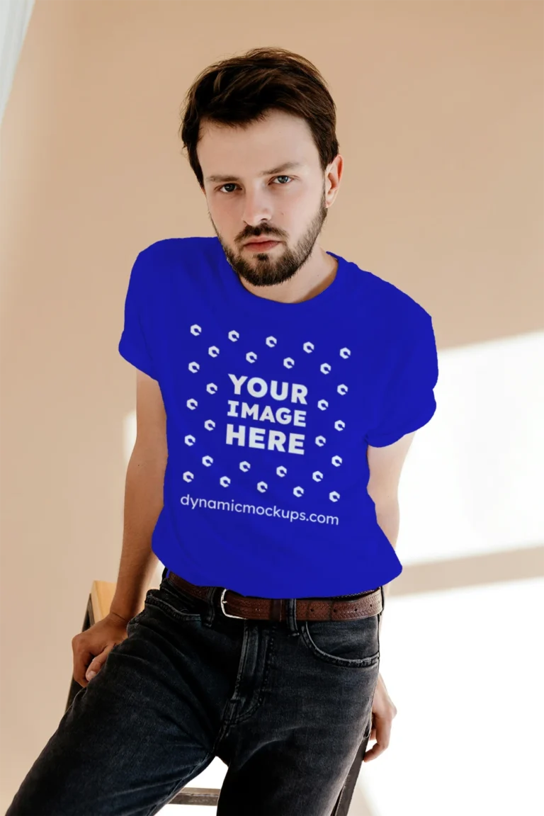 Man Wearing Blue T-shirt Mockup Front View Template