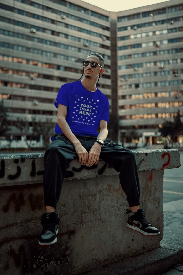 Man Wearing Blue T-shirt Mockup Front View Template