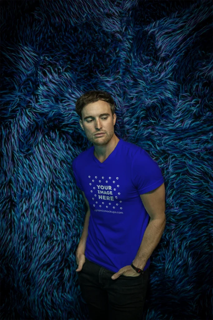 Man Wearing Blue T-shirt Mockup Front View Template
