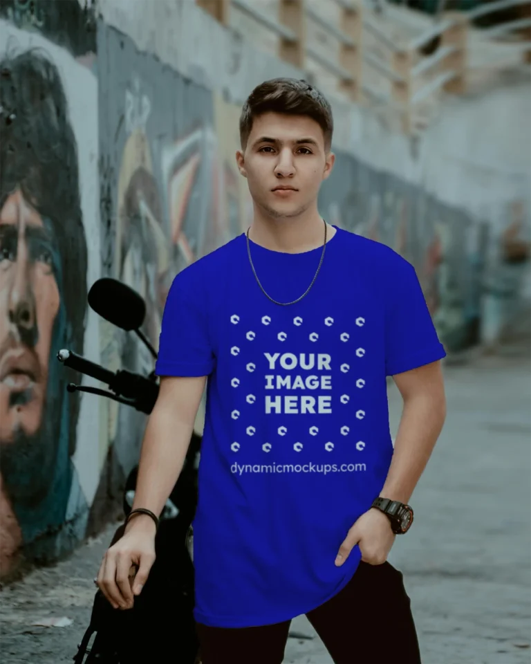 Man Wearing Blue T-shirt Mockup Front View Template