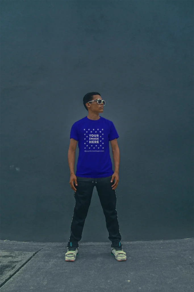 Man Wearing Blue T-shirt Mockup Front View Template