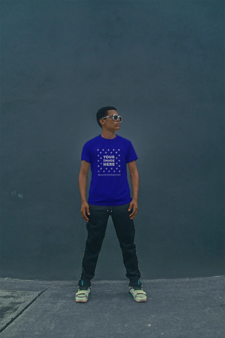 Man Wearing Blue T-shirt Mockup Front View Template