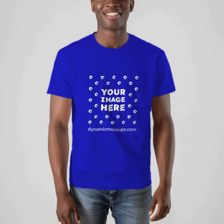 Man Wearing Blue T-shirt Mockup Front View Template