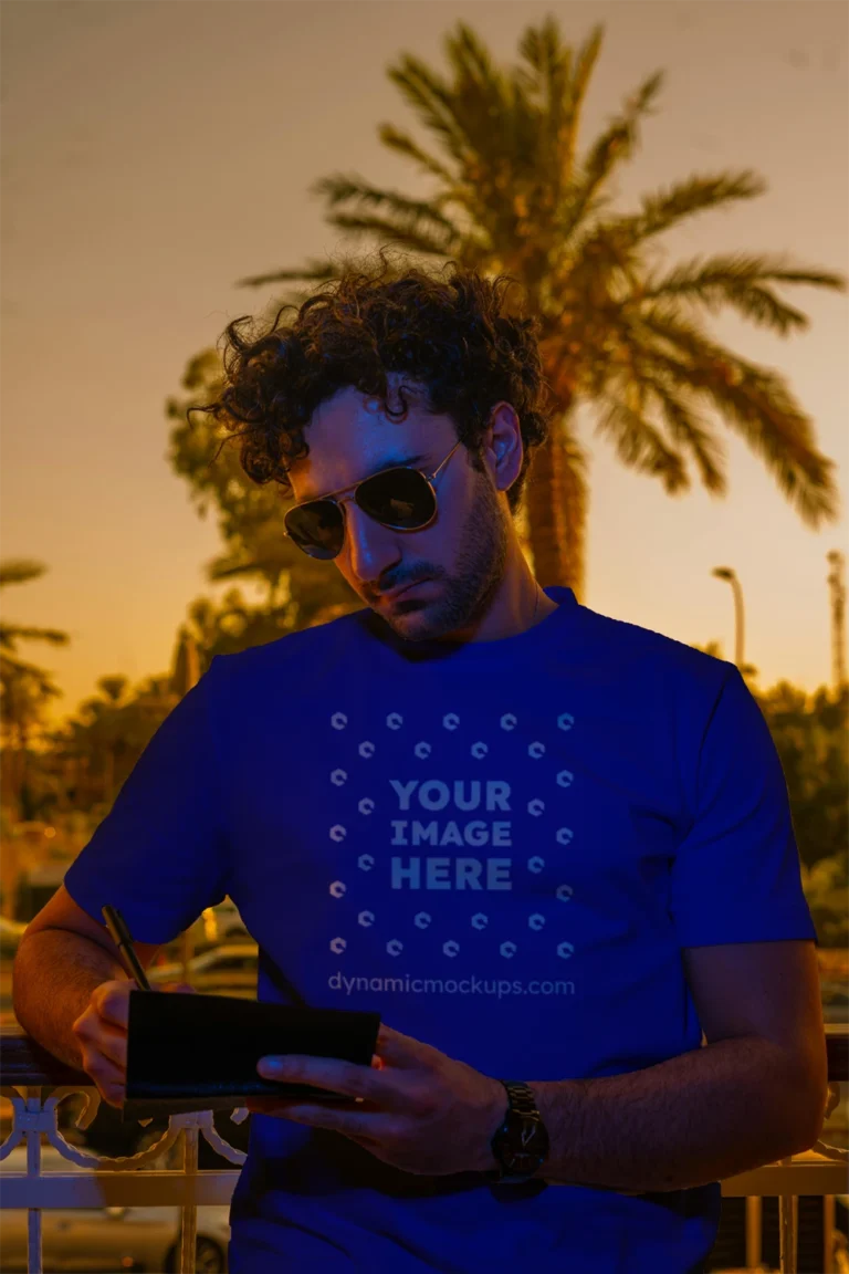 Man Wearing Blue T-shirt Mockup Front View Template