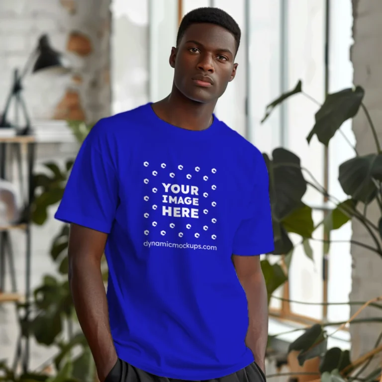 Man Wearing Blue T-shirt Mockup Front View Template
