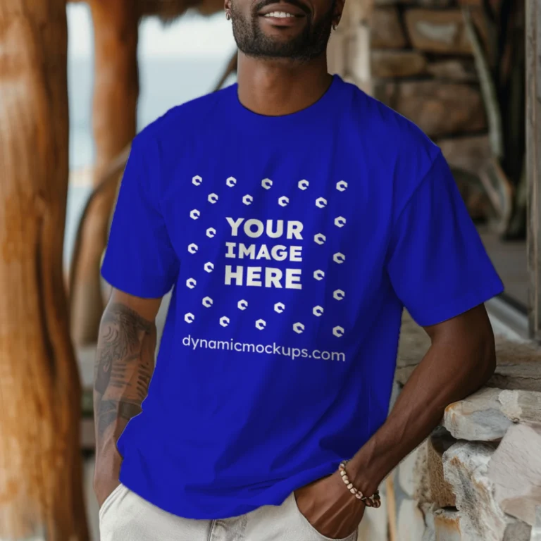 Man Wearing Blue T-shirt Mockup Front View Template