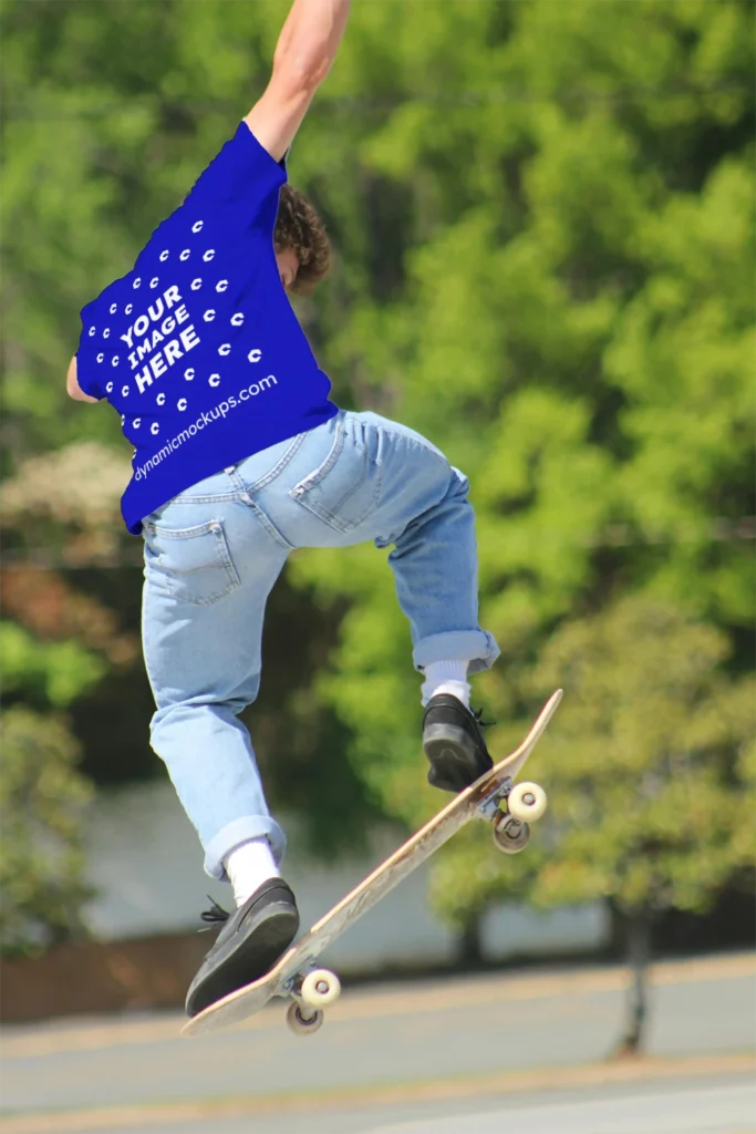 Man Wearing Blue T-shirt Mockup Back View Template