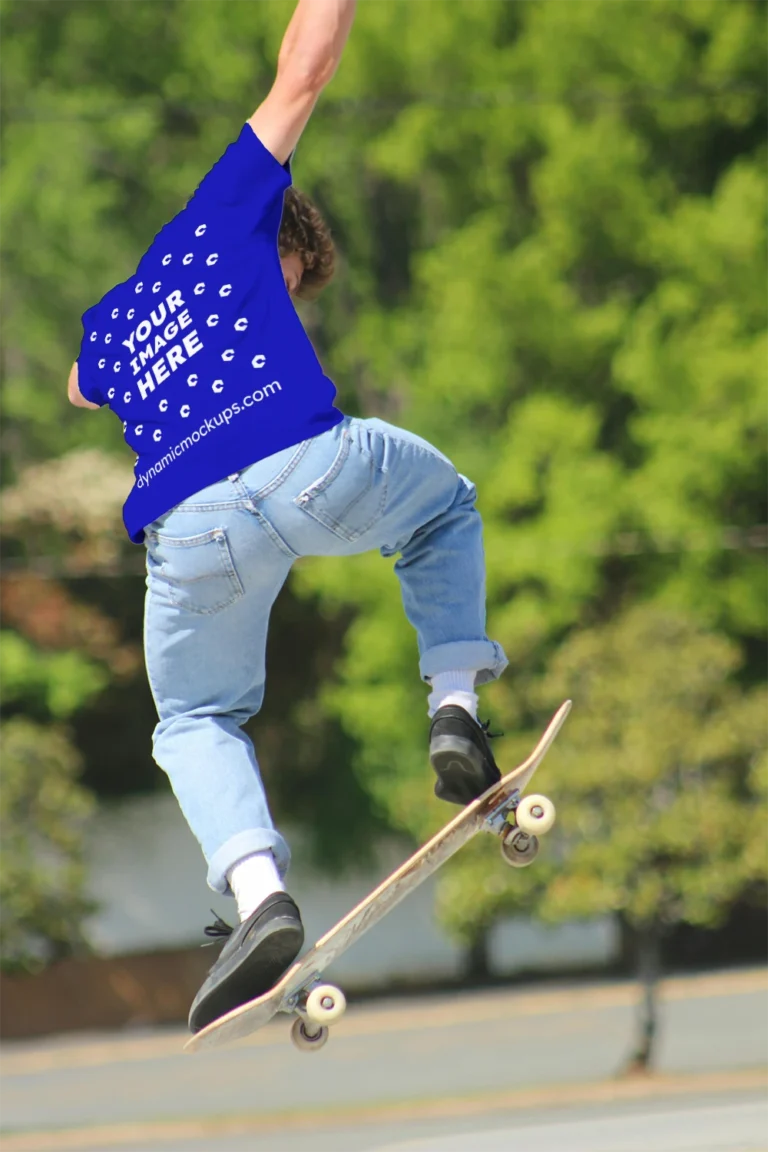 Man Wearing Blue T-shirt Mockup Back View Template