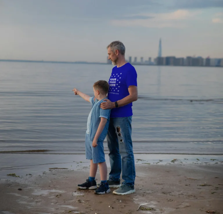 Man Wearing Blue T-shirt Mockup Front View Template