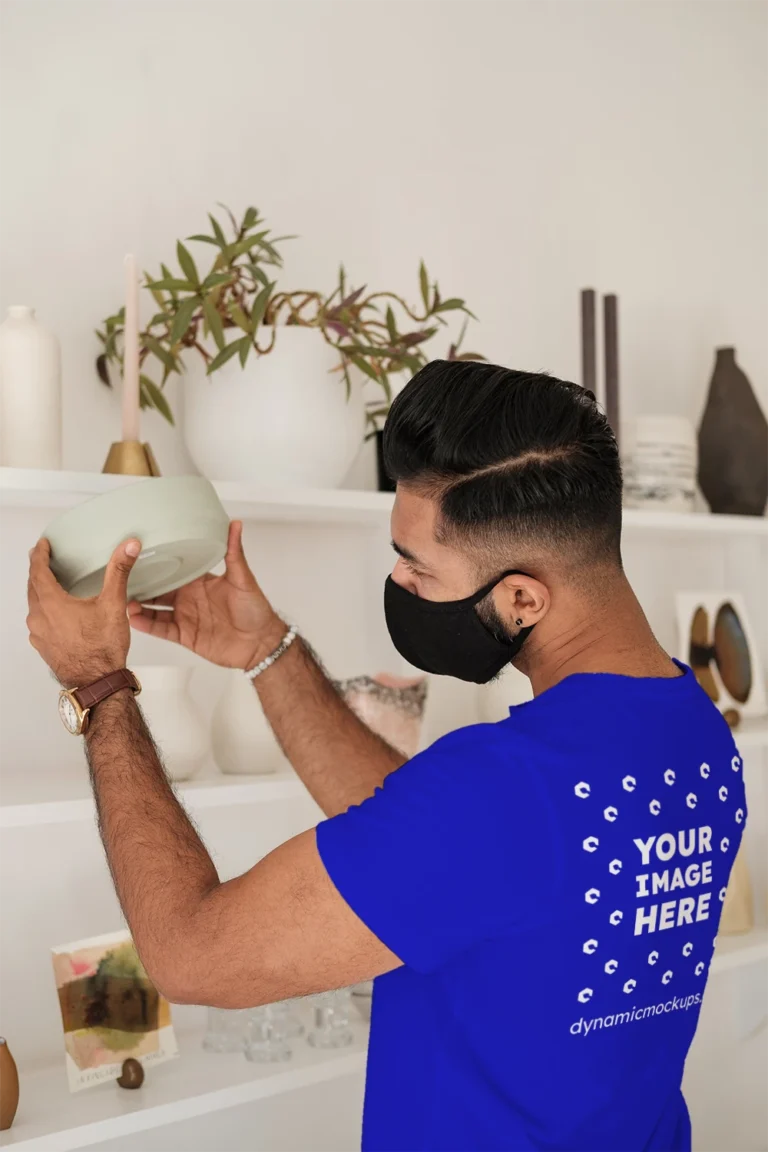 Man Wearing Blue T-shirt Mockup Back View Template