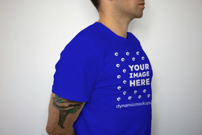 Man Wearing Blue T-shirt Mockup Front View Template